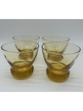 Vintage Set 4 Amber Eva Zeisel MCM Optic Swirl Weighted Low Ball Whiskey Glasses